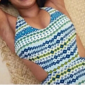 Aerie One Piece Bathing Suit Cut Out Blue Geometric Print Sz m